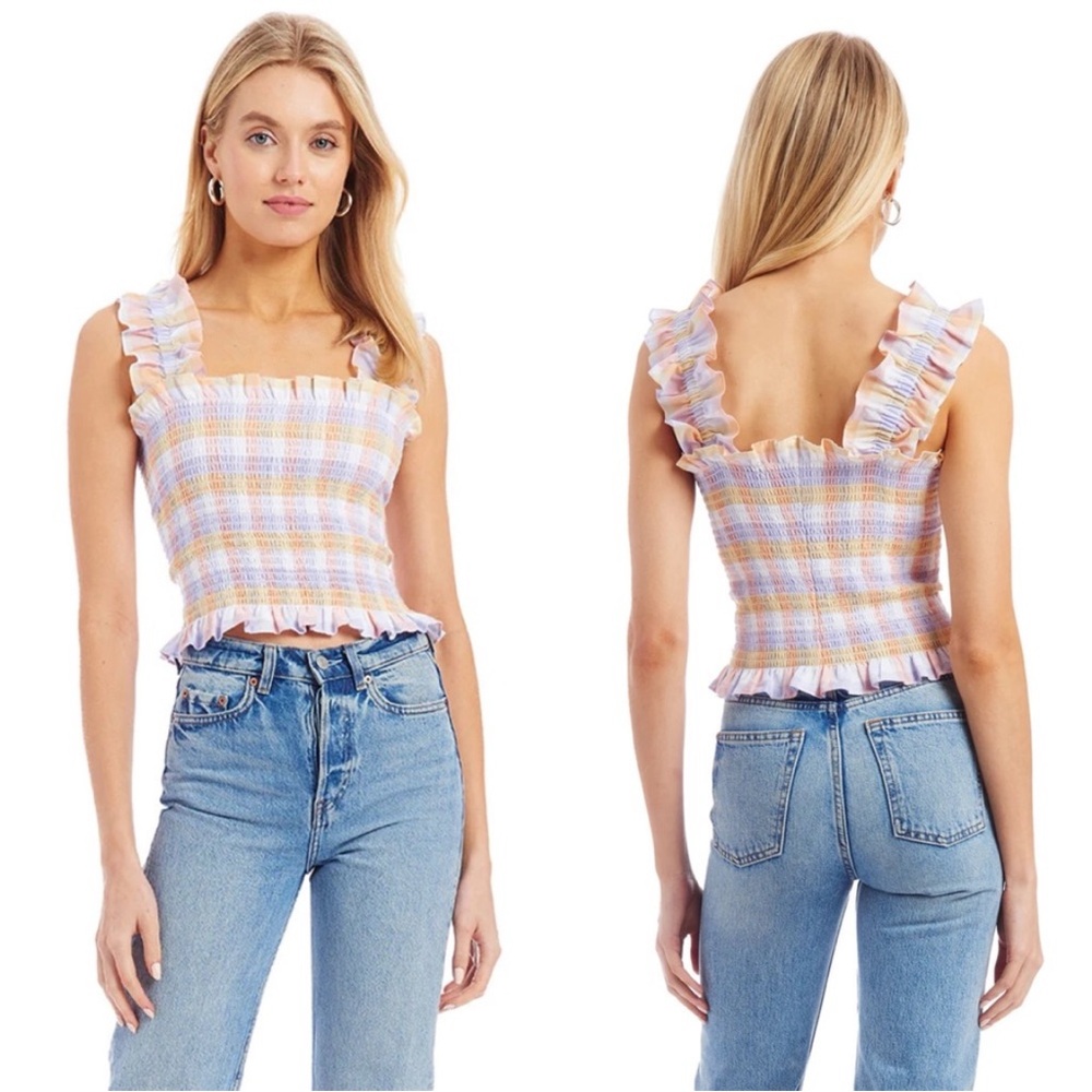 Amanda Uprichard Adelene Smocked Top Picnic Gingham Pastel Plaid Medium Small